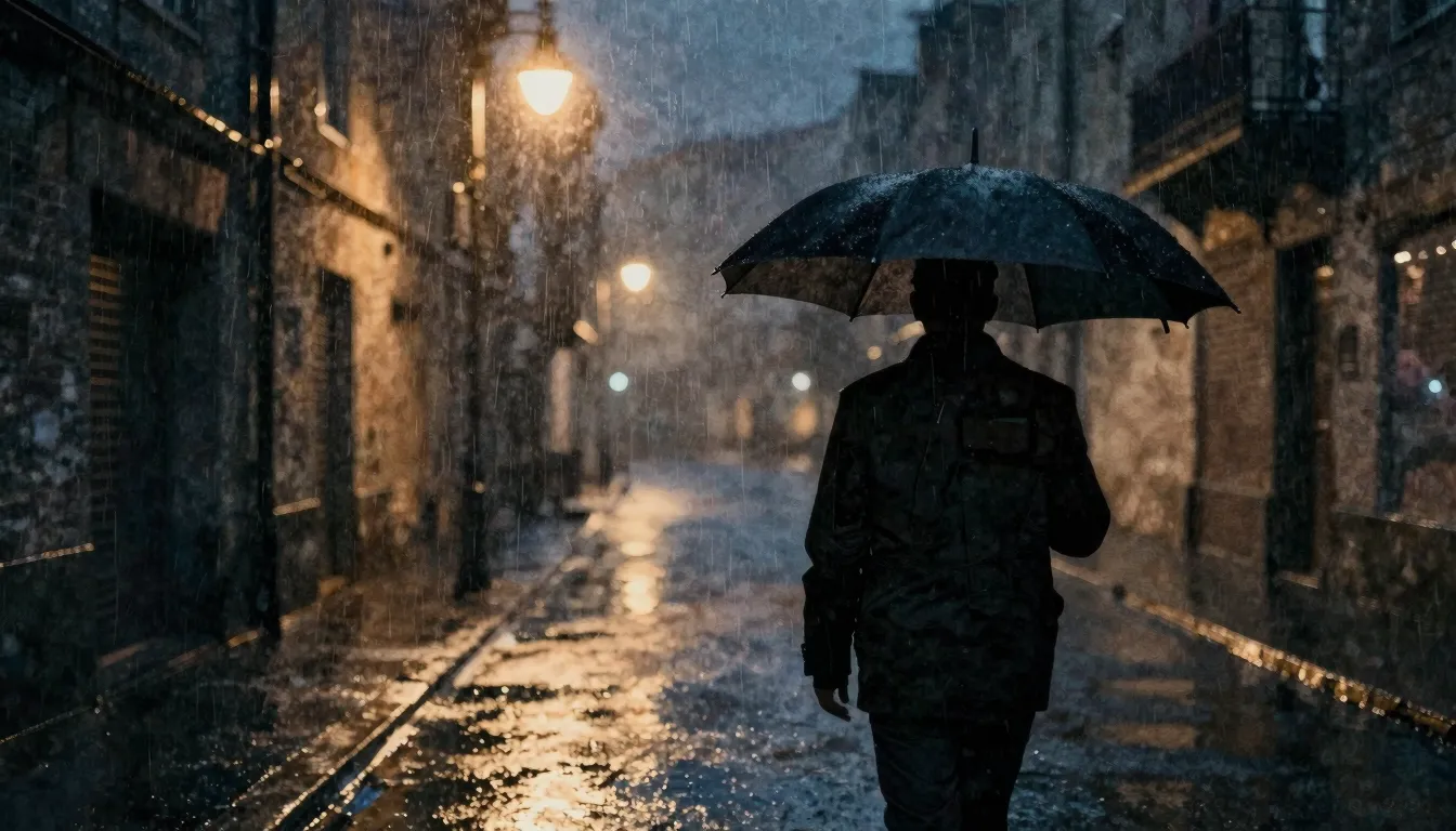 Watercolor style. A dark rainy street at night, a silhouette...