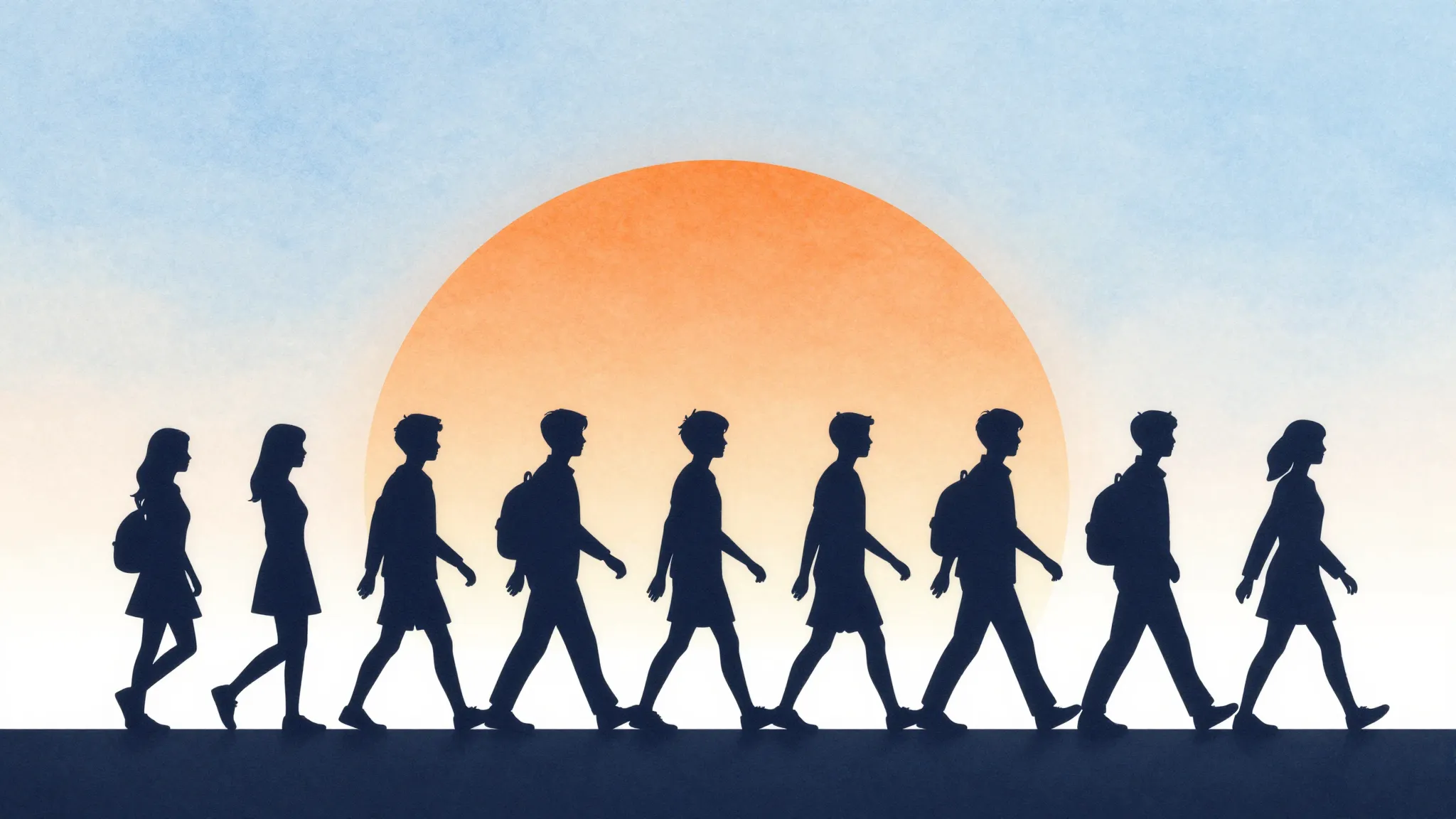 Watercolor style. Minimalist silhouette of a group of teenag...