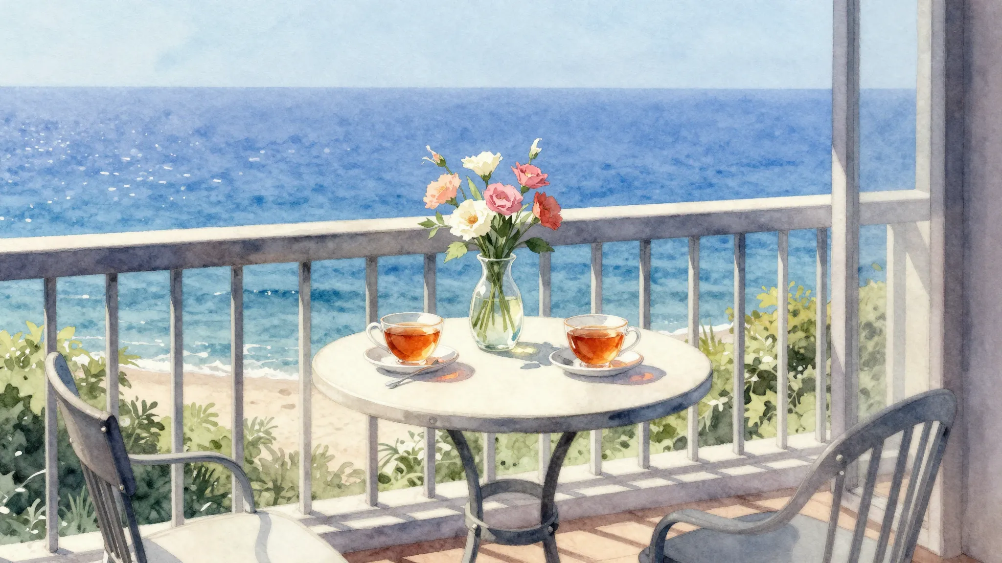 Watercolor style. A peaceful view from a balcony to the blue...