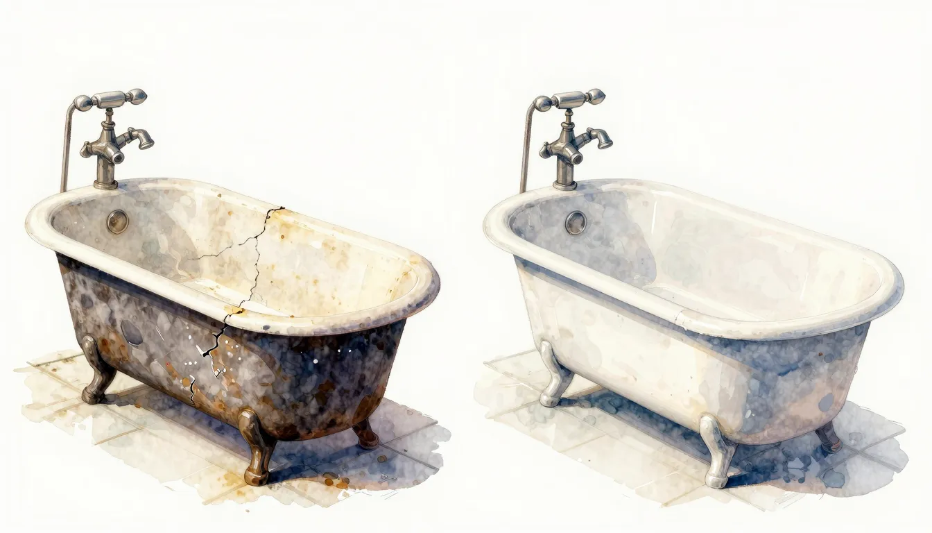 Watercolor style. A split-screen image. On the left, an old,...