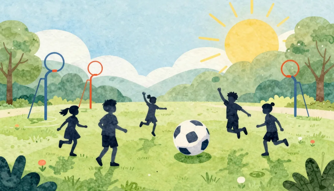 Watercolor style. Silhouettes of children jumping and playin...