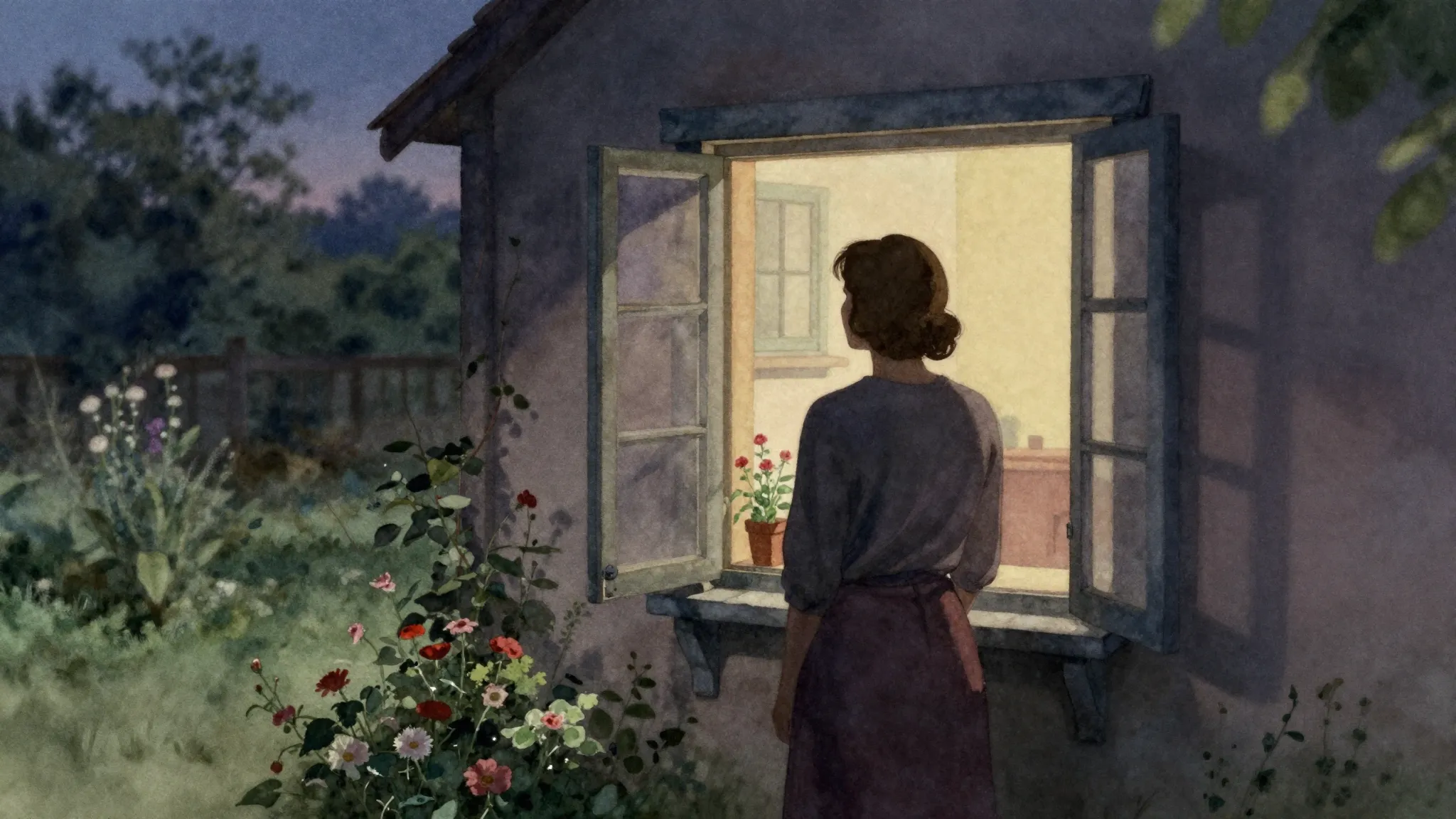 Watercolor style. A silhouette of a woman looking out a wind...