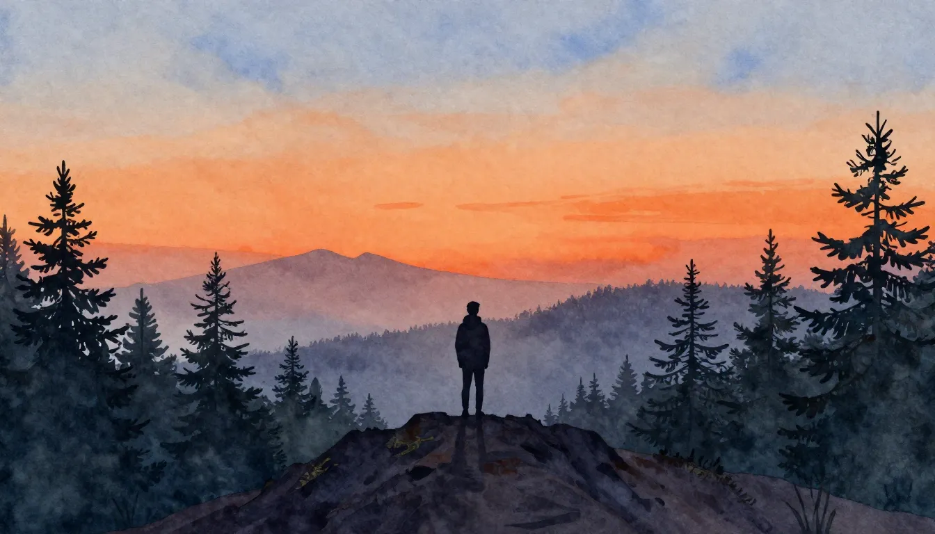 Watercolor style. A silhouette of a person standing on a mou...