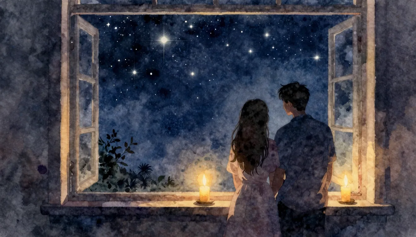 Watercolor style. A silhouette of a couple standing by a lar...