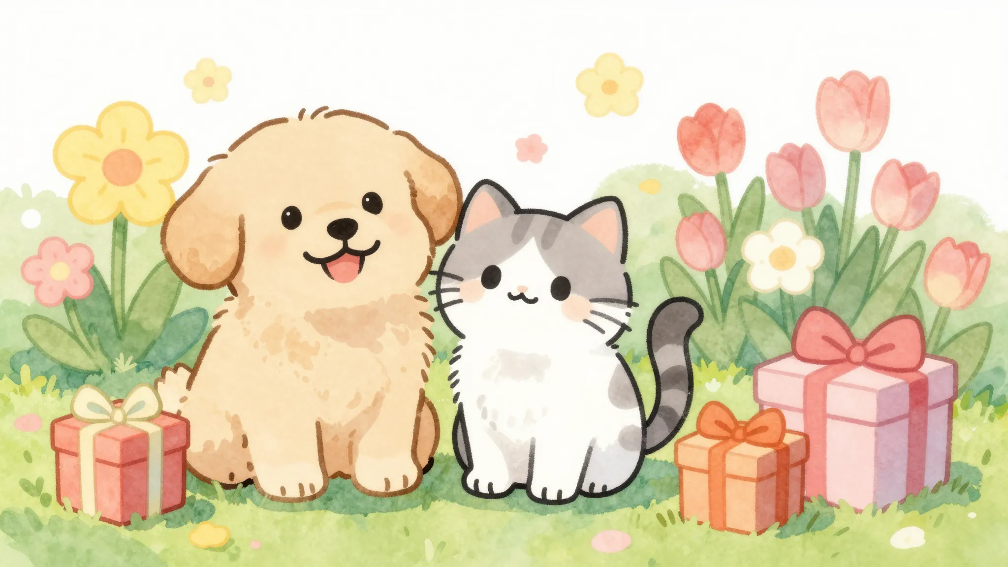 Watercolor style. A cute fluffy dog and a cat sitting togeth...