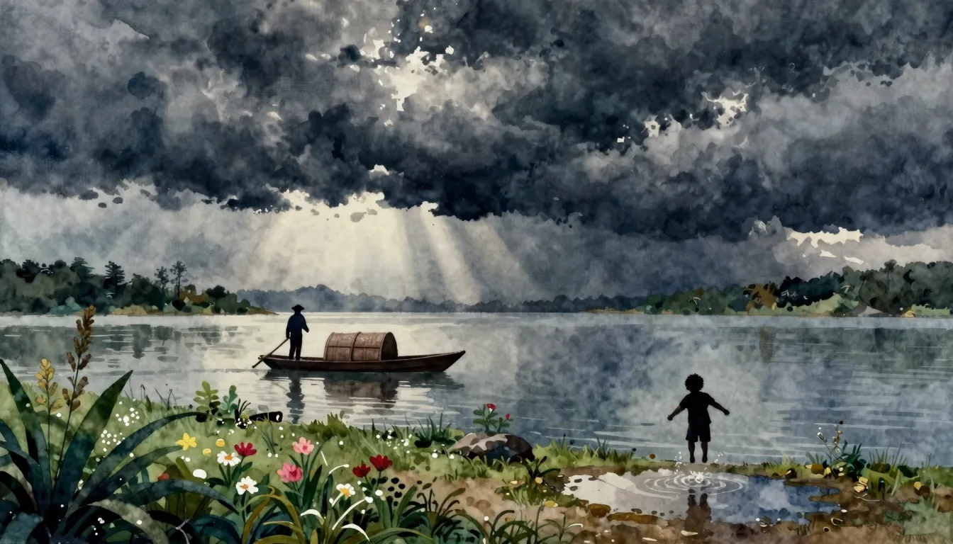 Watercolor style. Dark storm clouds over a tranquil lake and...
