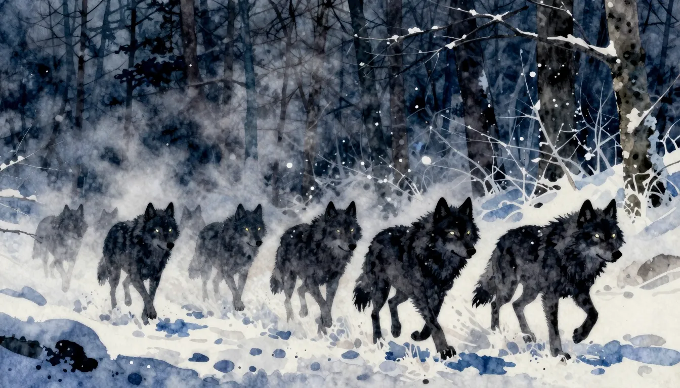 Watercolor style. Silhouette of a wolf pack running through ...