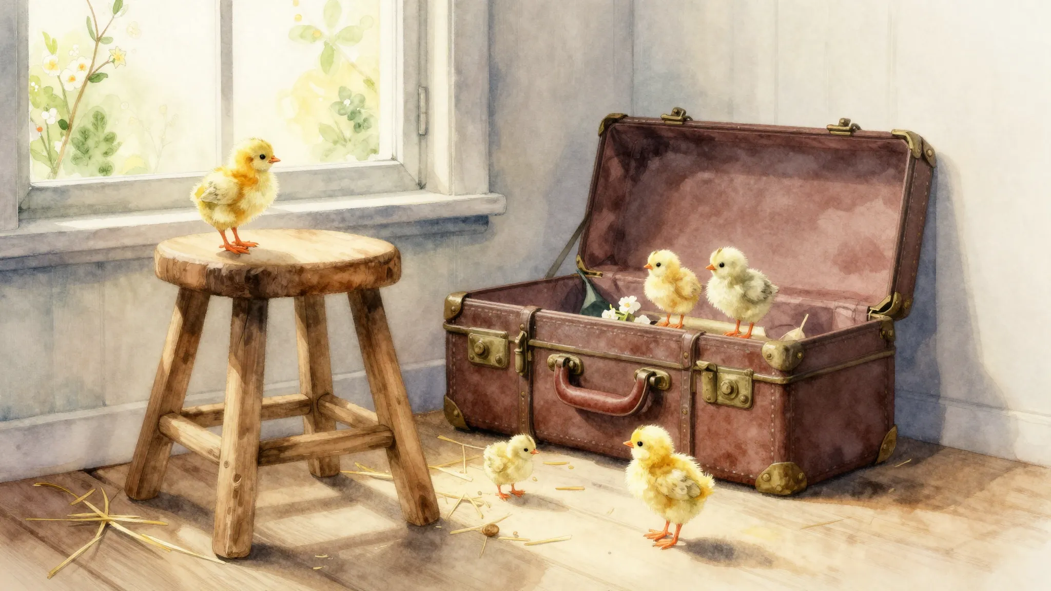 Watercolor style. Cozy vintage interior, a small wooden stoo...