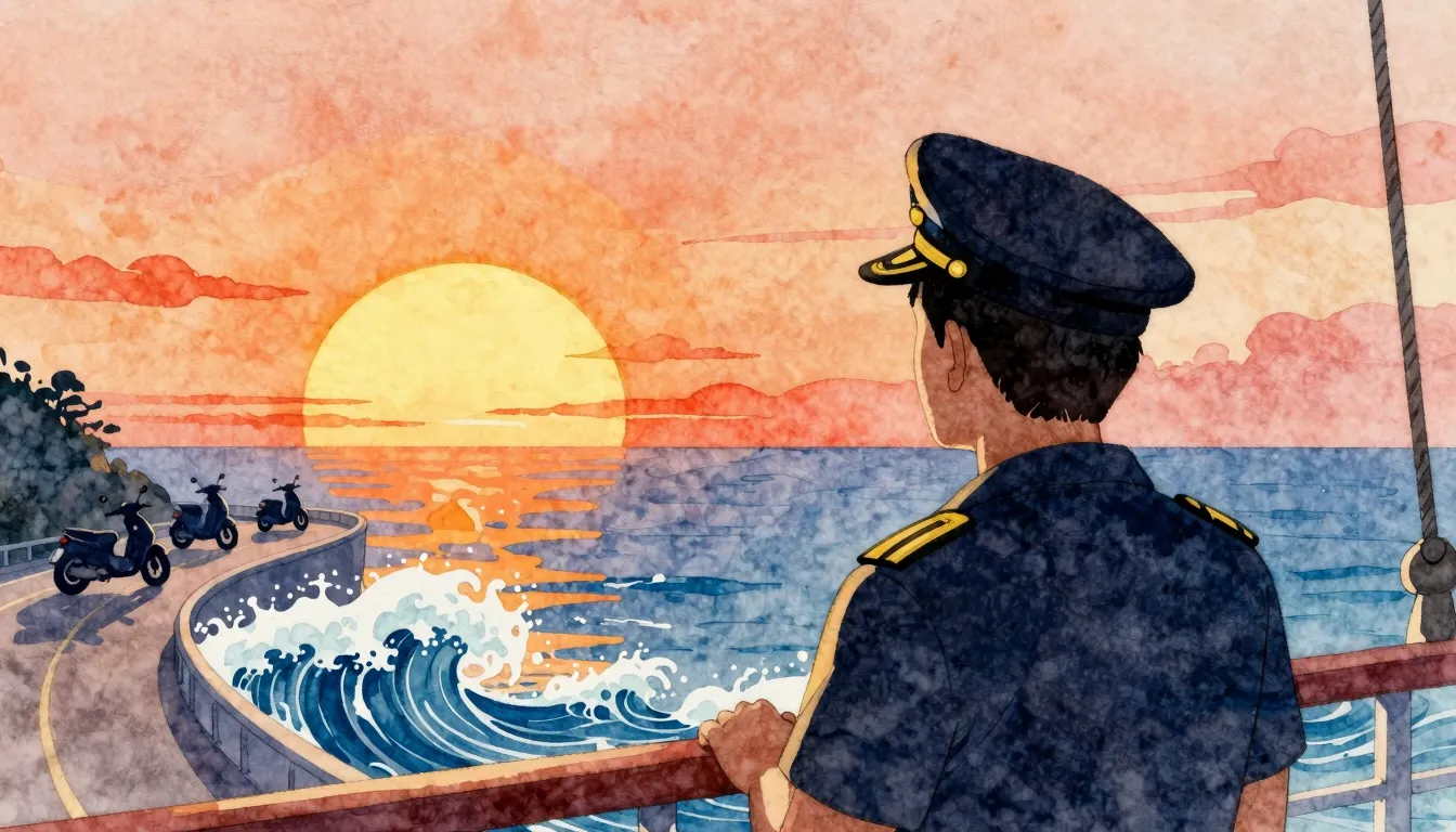 Watercolor style. A silhouette of a man in a captain's hat s...