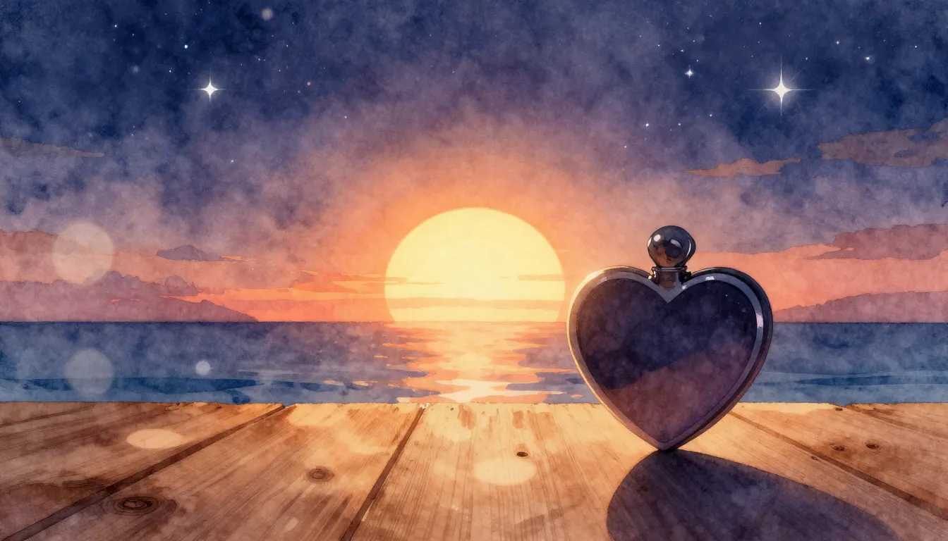 Watercolor style. A warm glowing sun setting behind a calm s...