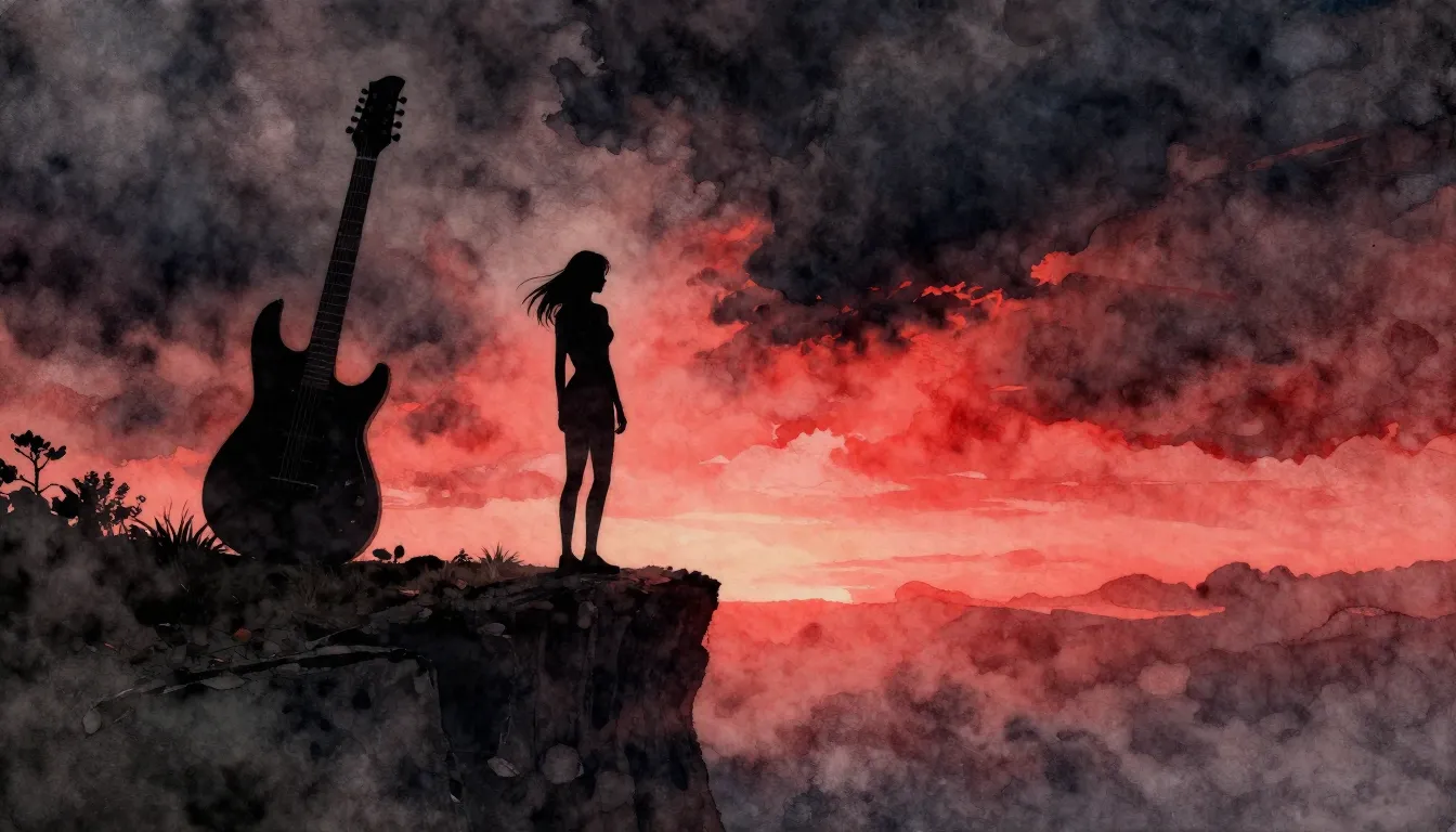 Watercolor style. Silhouette of a woman standing on a cliff ...