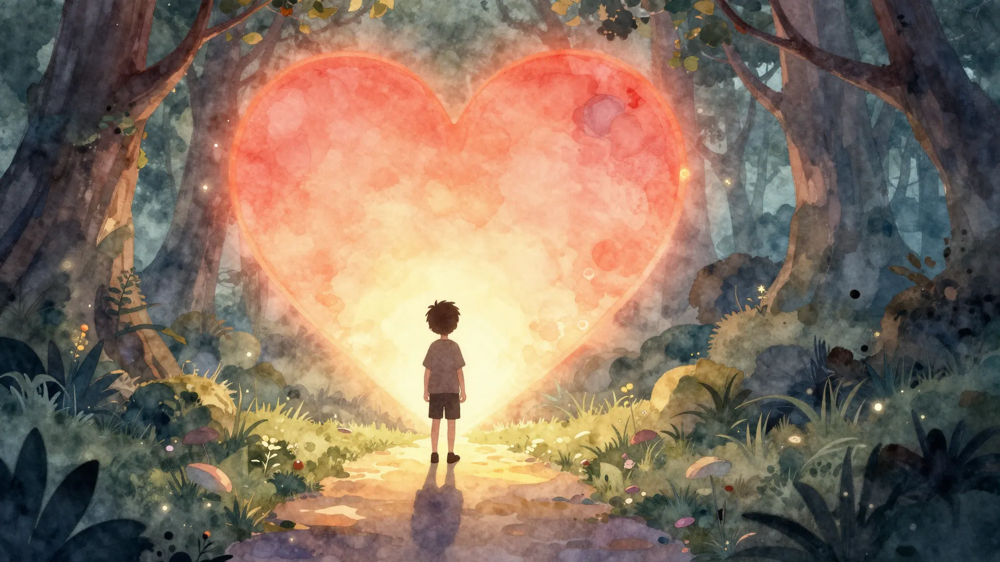 Watercolor style. A silhouette of a kid standing on a glowin...