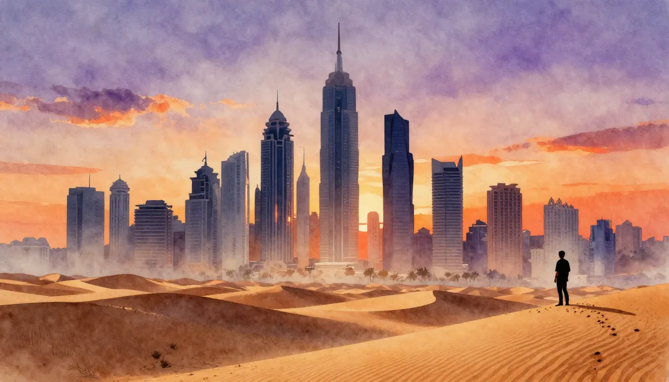 Watercolor style. A futuristic city skyline with tall skyscr...