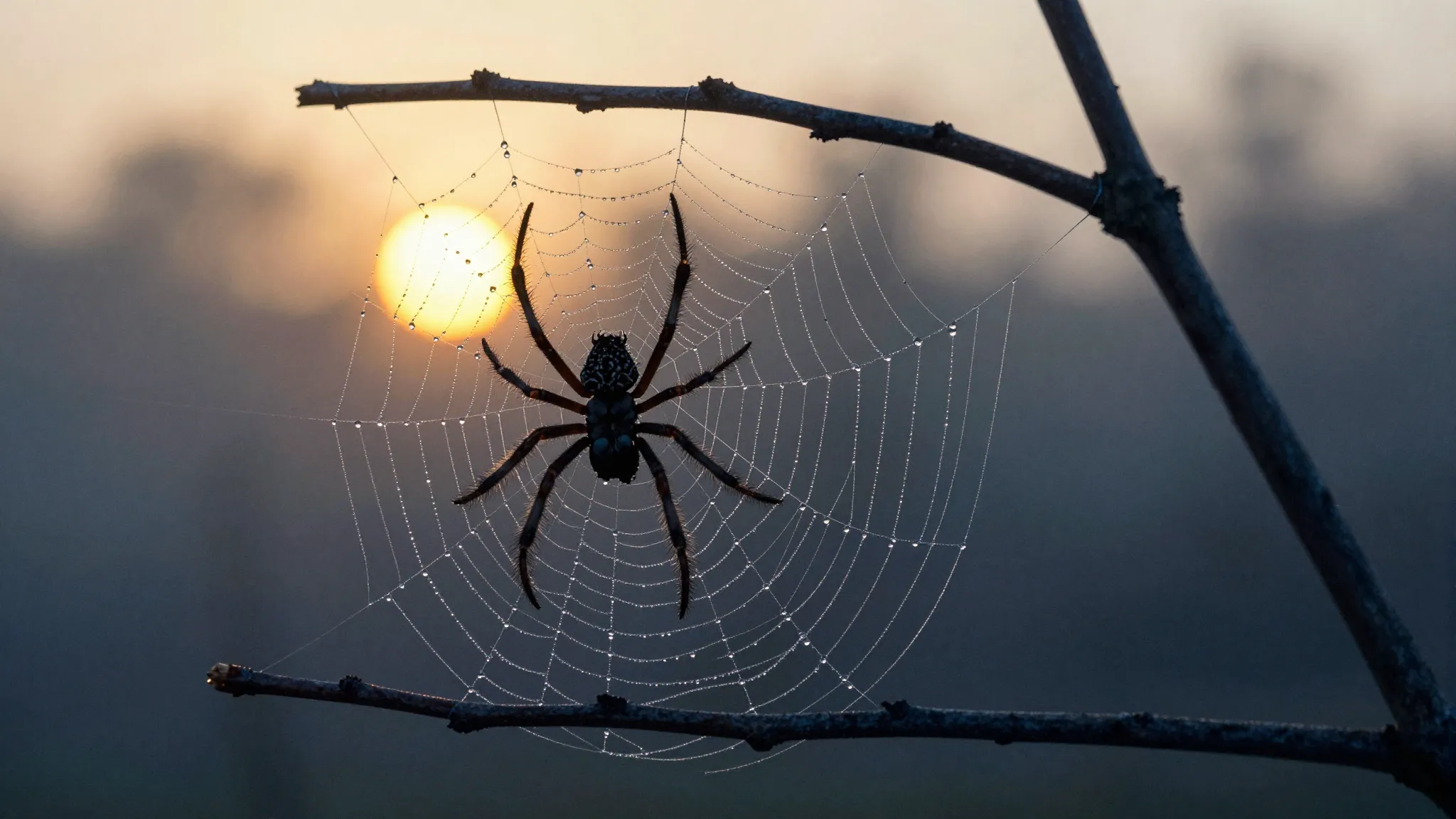 Watercolor style. A silhouette of a spider weaving a web bet...