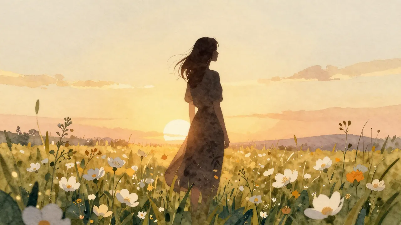 Watercolor style. A silhouette of a woman standing in a fiel...