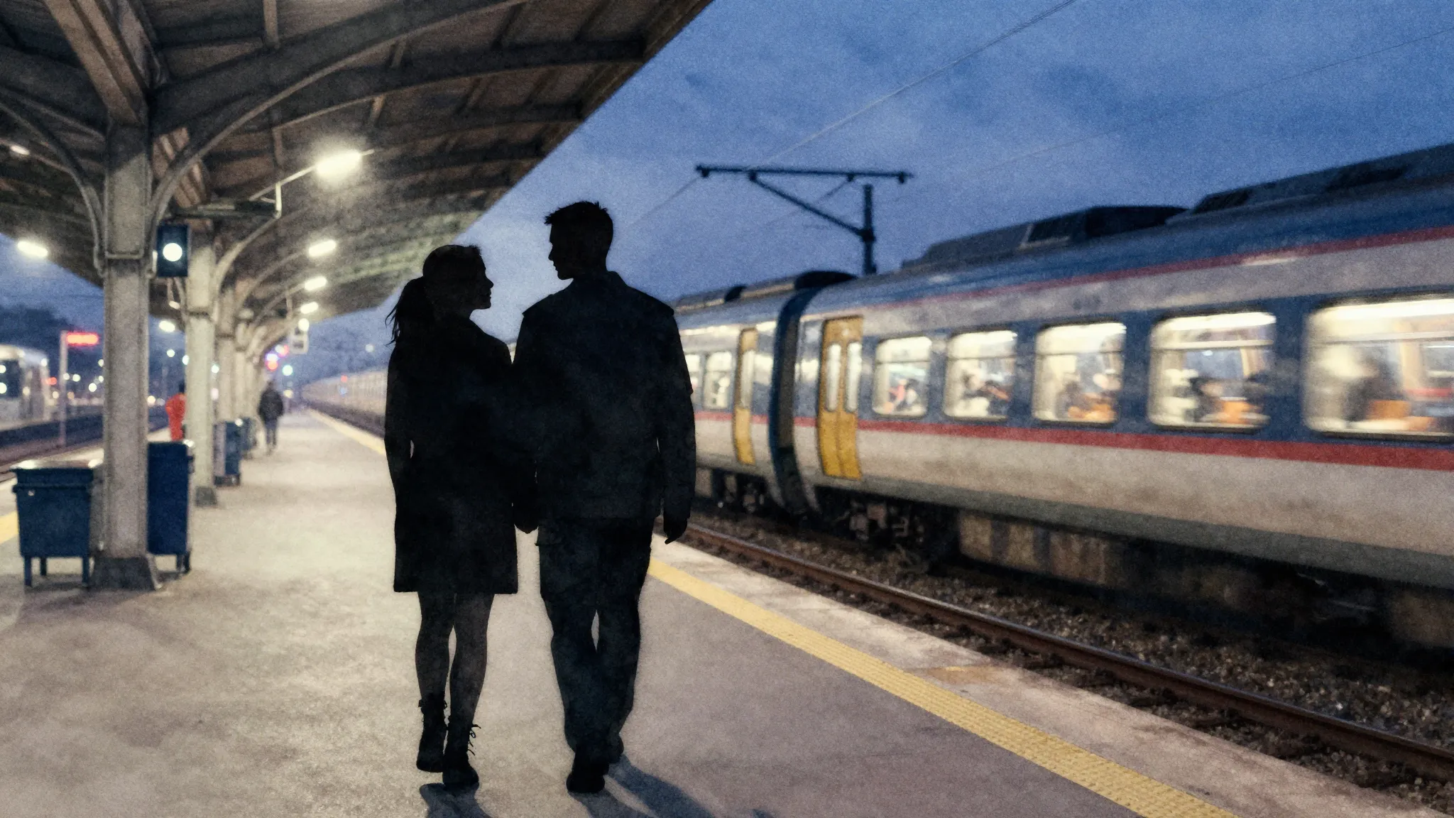 Watercolor style. Silhouette of a couple at a train station ...