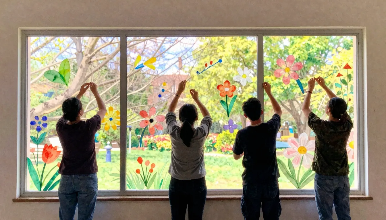 Watercolor style. Silhouettes of people decorating a large w...