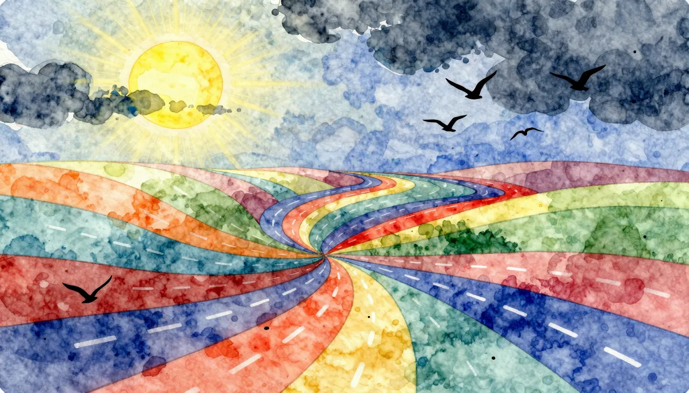 Watercolor style. Abstract art, a winding path splits into m...