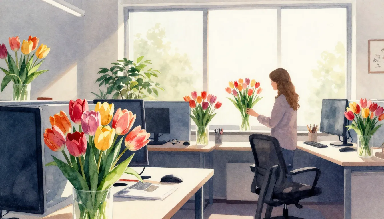 Watercolor style. Spring office interior with bouquets of br...