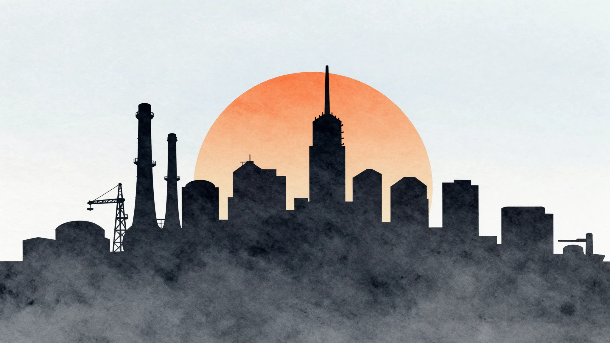 Watercolor style. Silhouette of a large industrial city with...