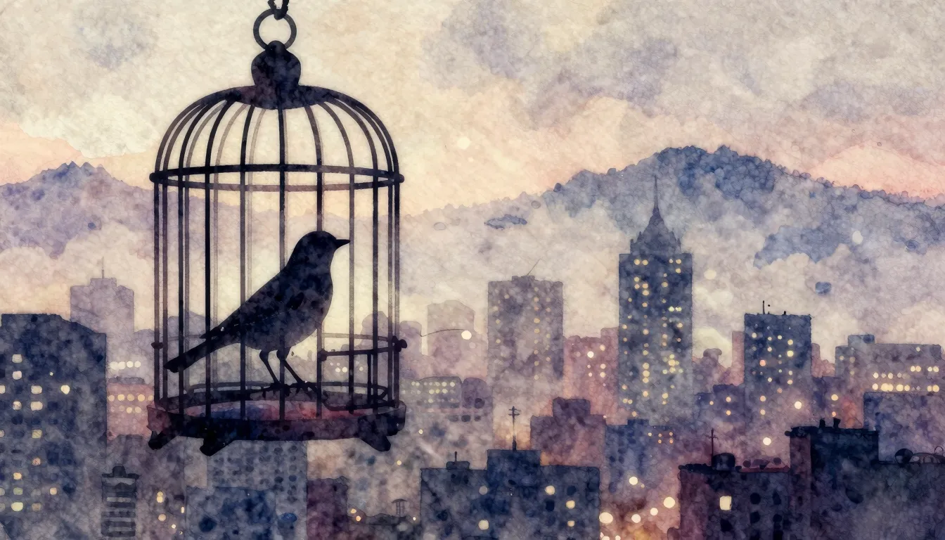 Vibrant watercolor style. Indie album cover: trapped bird si...