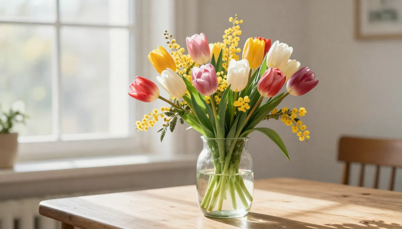 Watercolor style. A vibrant bouquet of fresh spring tulips a...