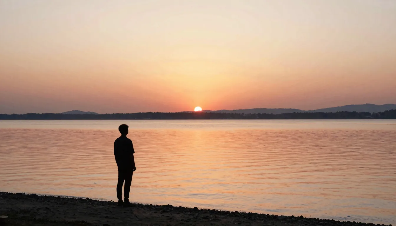 Watercolor style. A peaceful sunset over a calm lake, a lone...