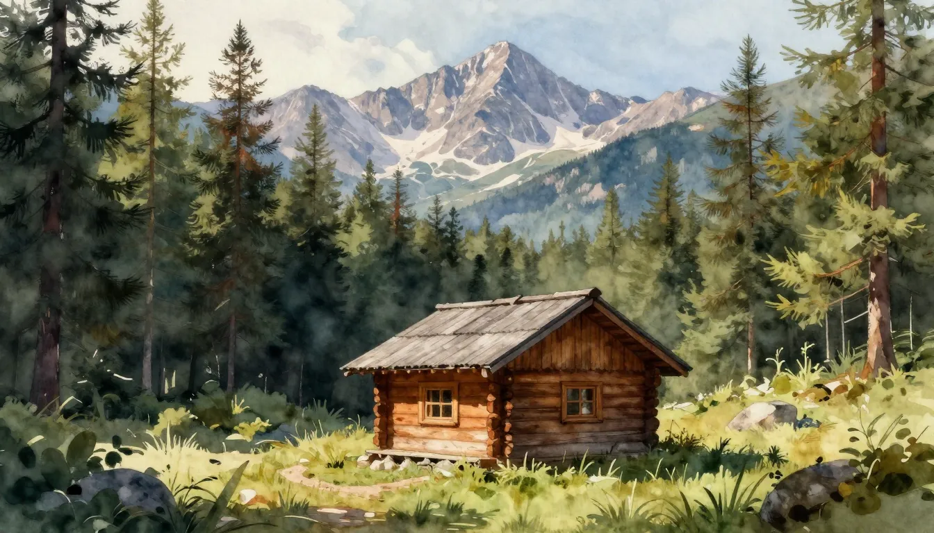 Watercolor style. Cozy small wooden cabin in a dense pine fo...