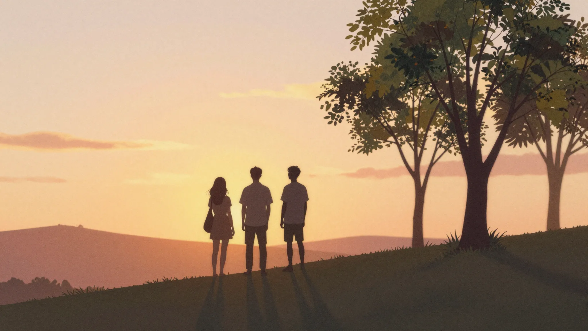 Watercolor style. Silhouette of friends standing together on...