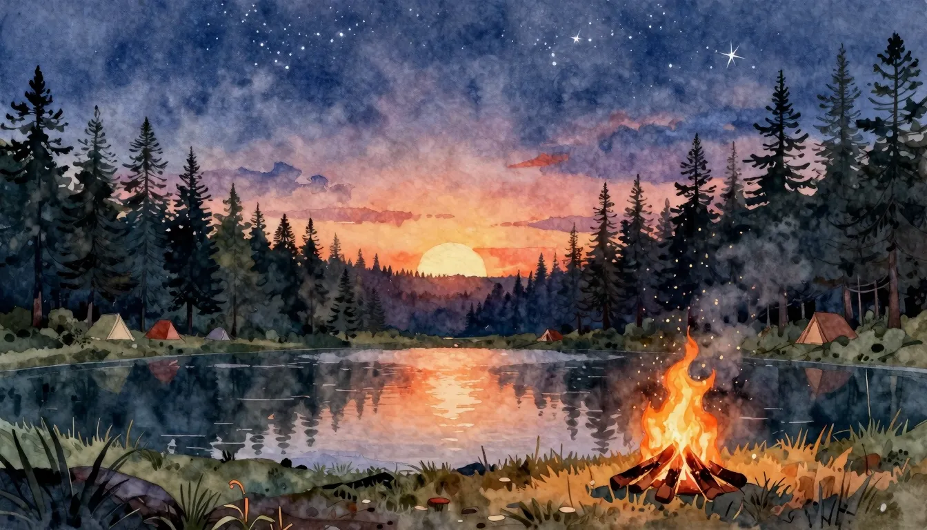 Watercolor style. A serene lake at sunset, surrounded by a p...