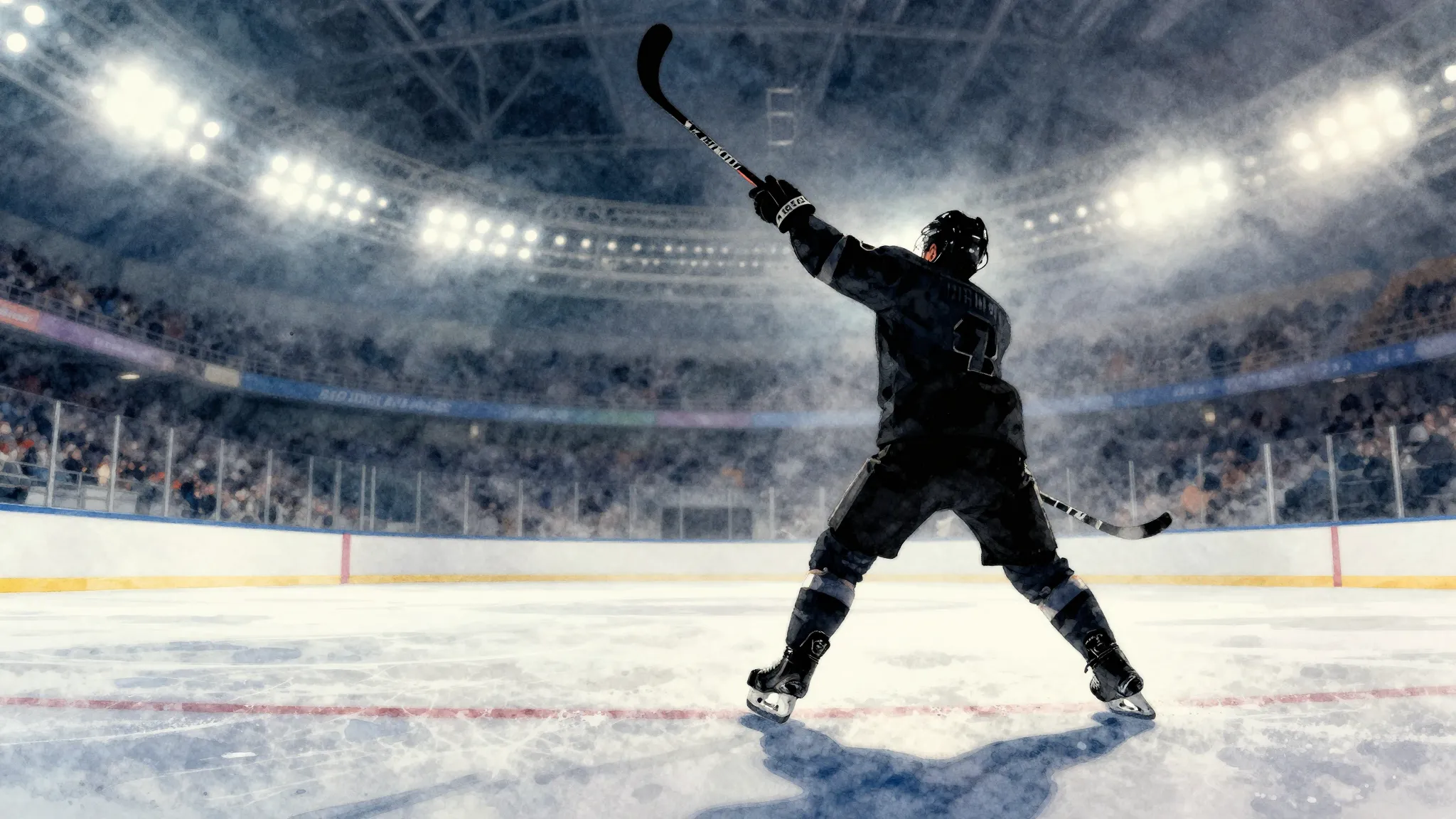 Watercolor style. Silhouette of a hockey player raising a st...