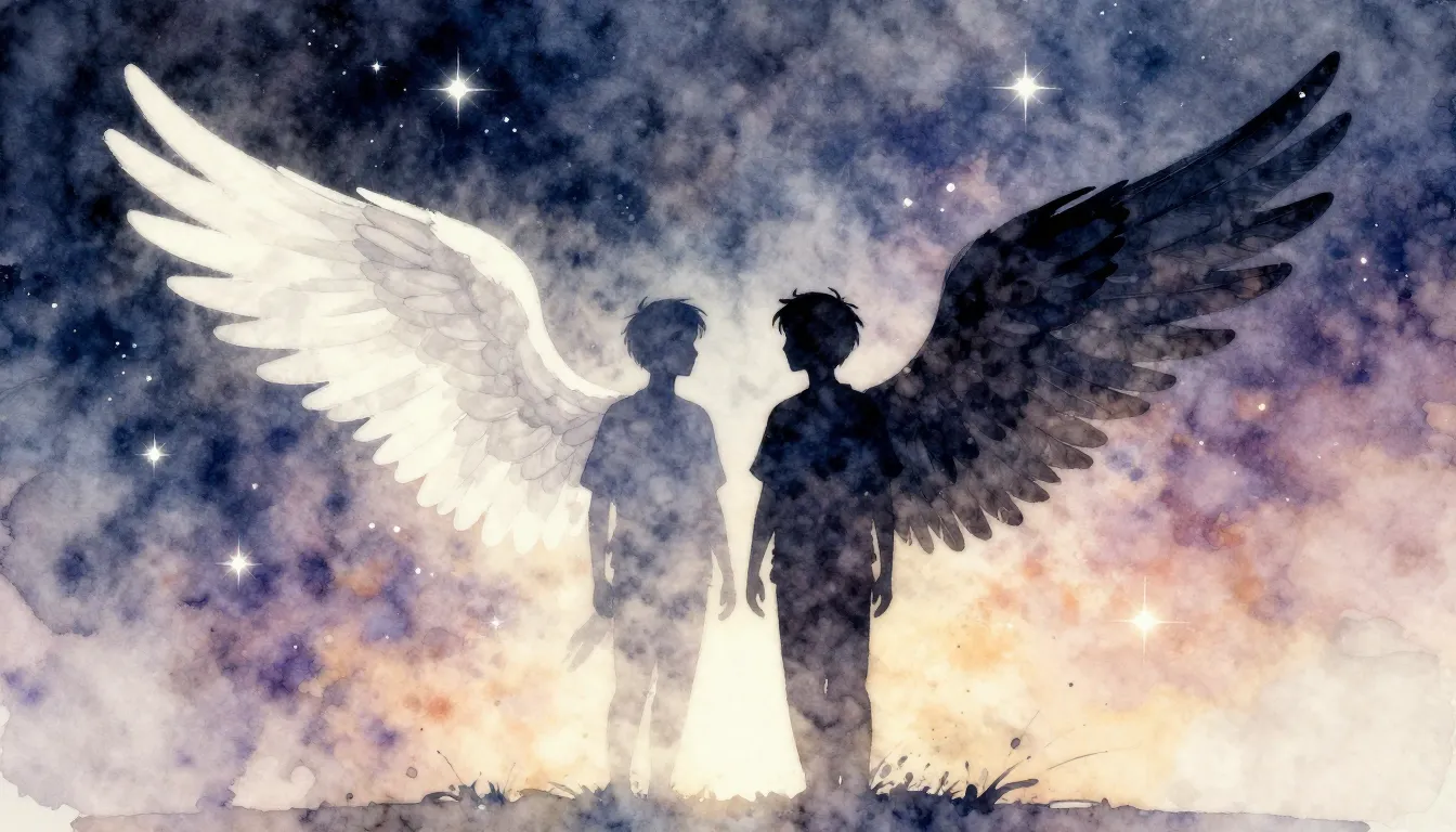 Watercolor style. Two silhouettes of winged brothers standin...