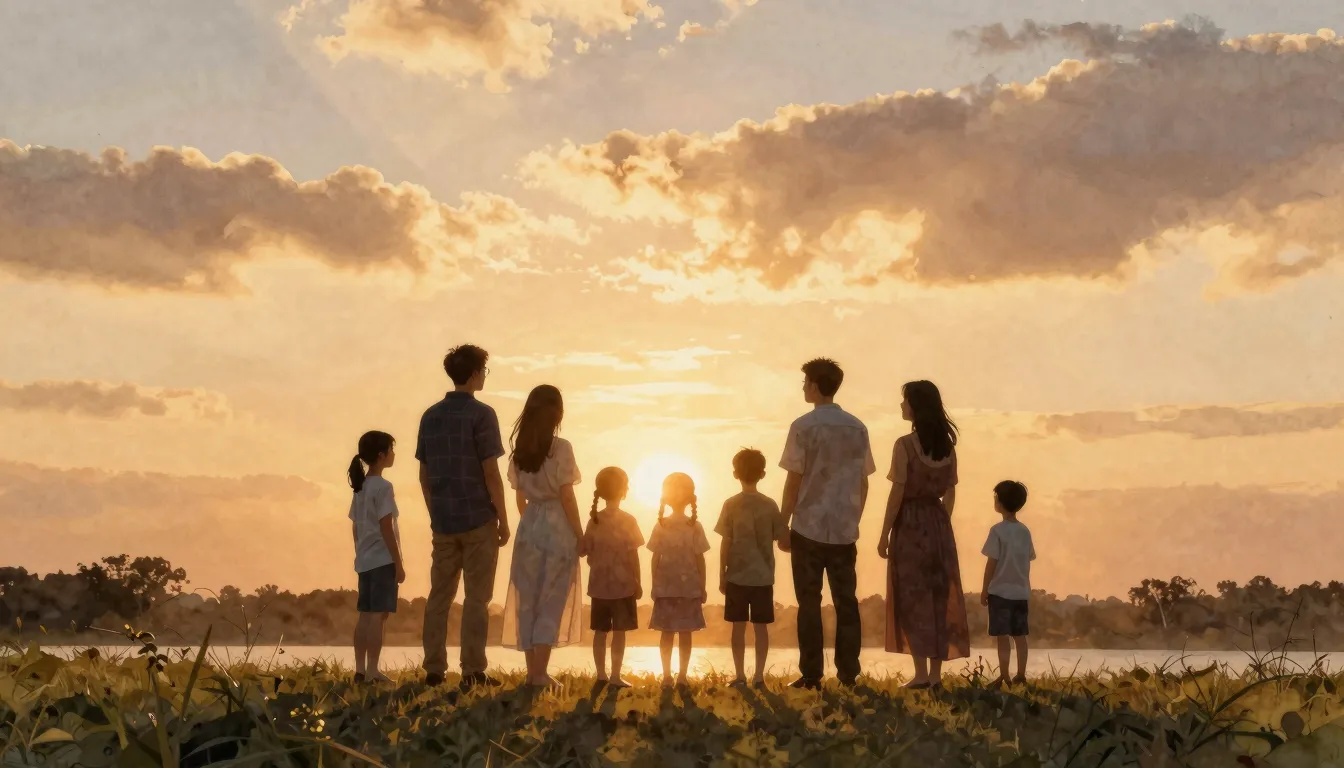 Watercolor style. Silhouette of a large family standing toge...