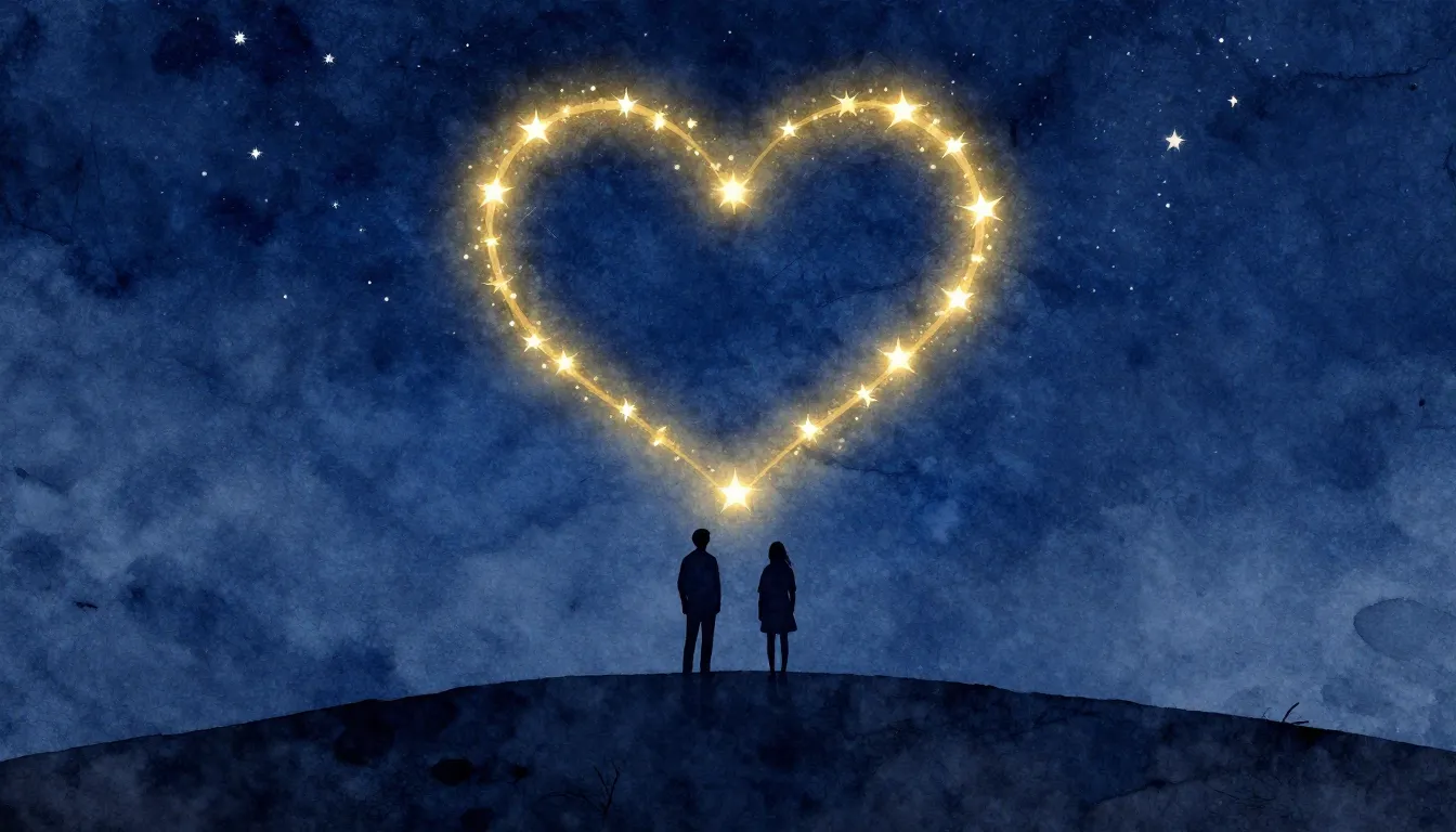 Watercolor style. Silhouette of two figures standing on a hi...