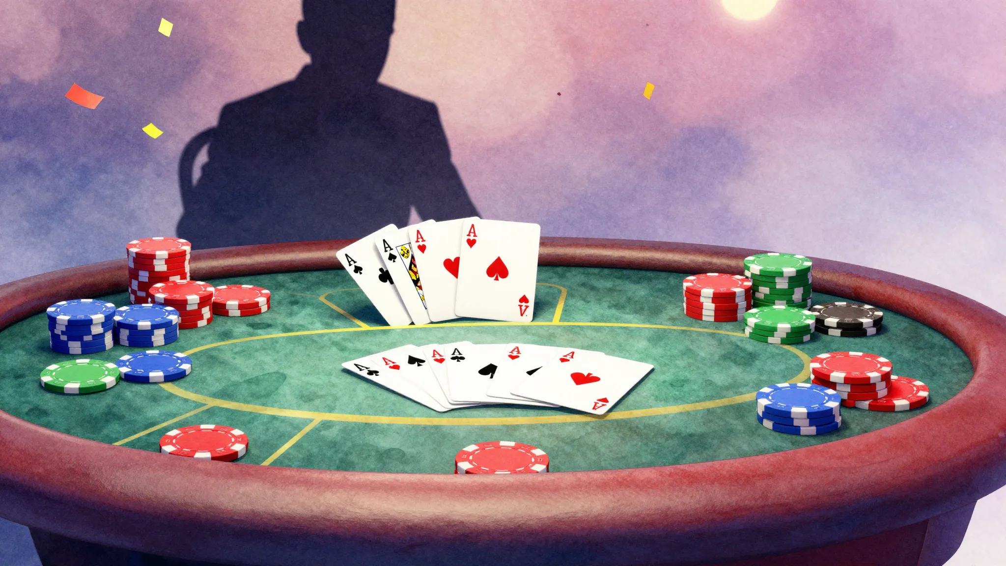 Watercolor style. Stylized poker table with playing cards an...