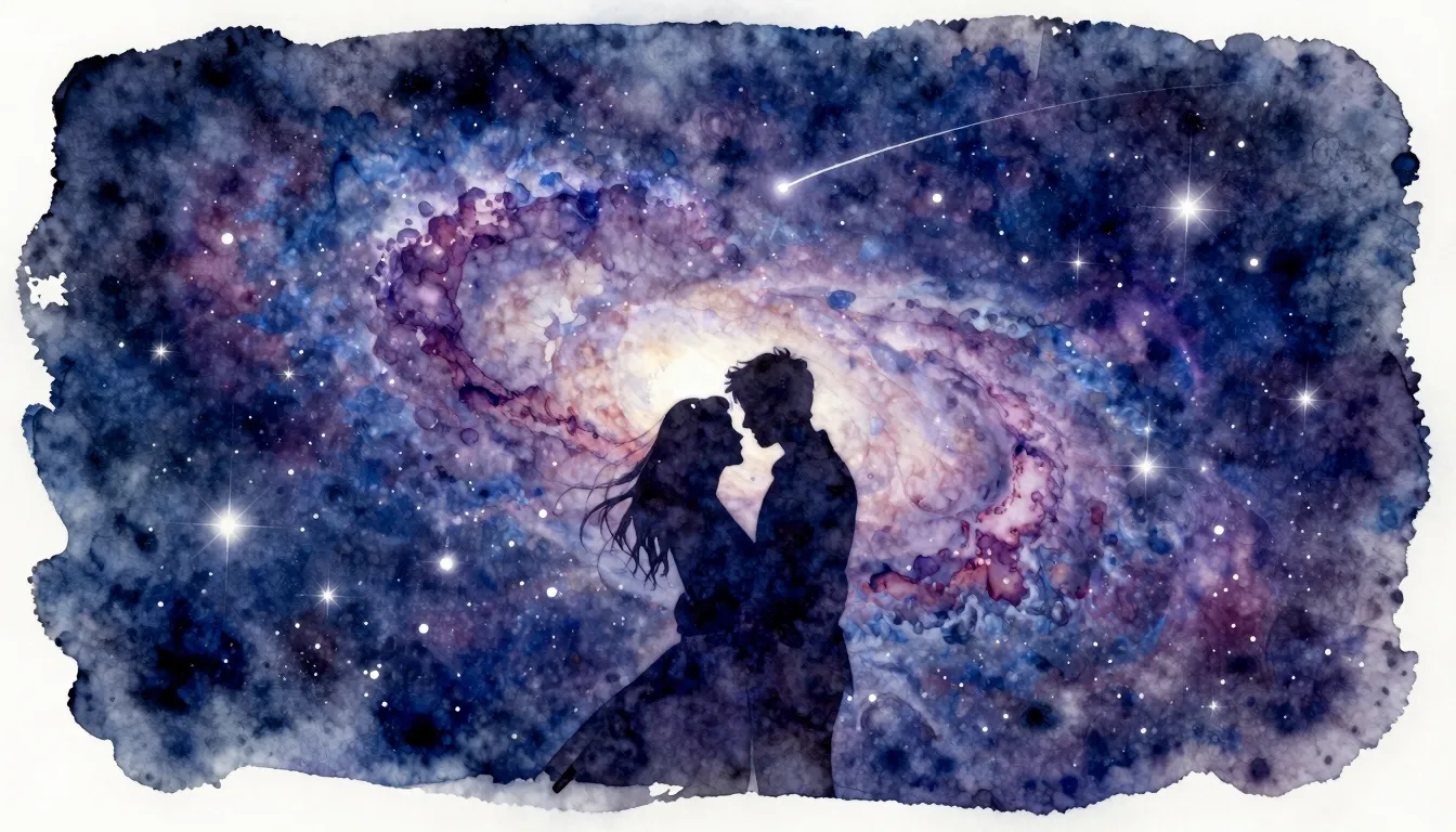 Watercolor style. A silhouette of a couple embracing against...