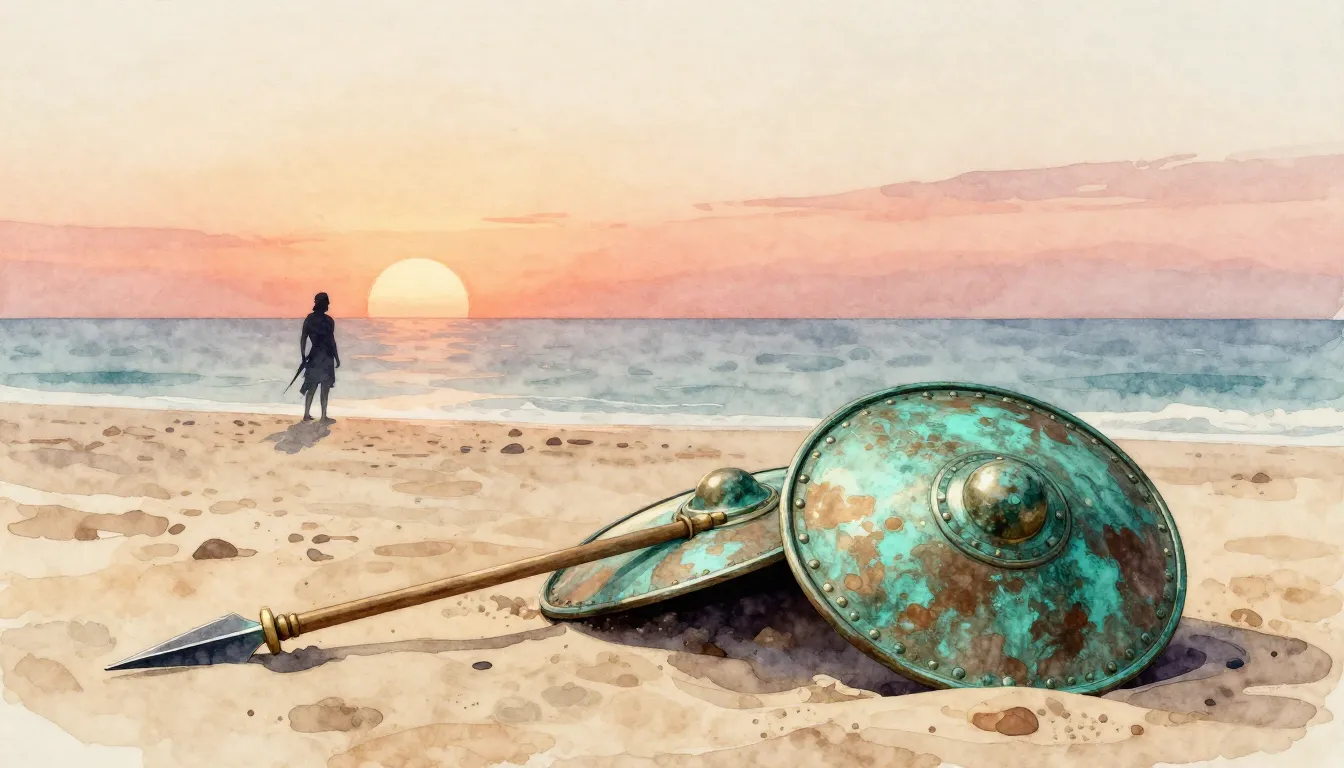 Watercolor style. Ancient Greek bronze shield and spear lyin...