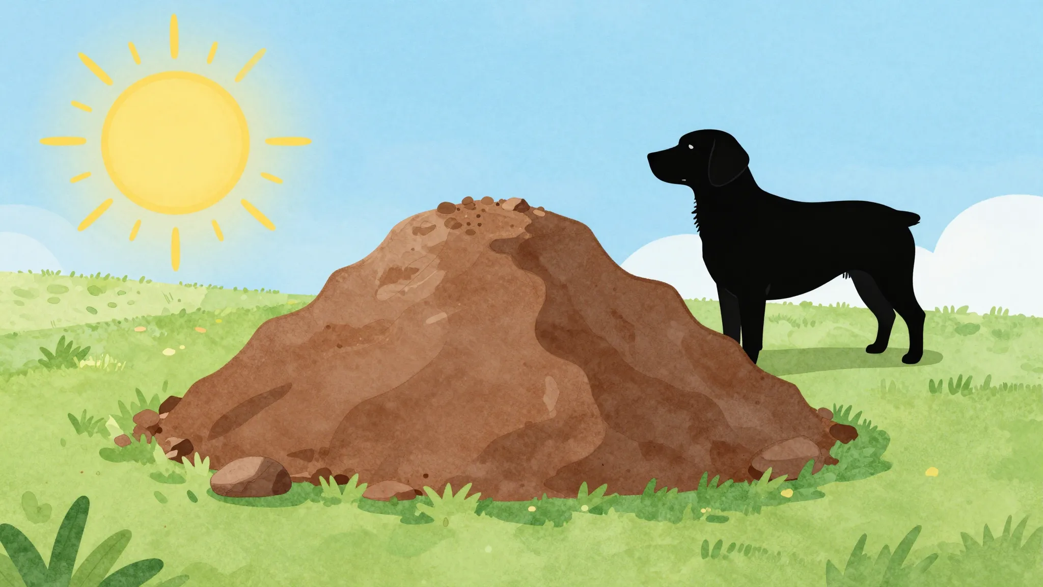 Watercolor style. A cartoonish brown pile on a green meadow,...