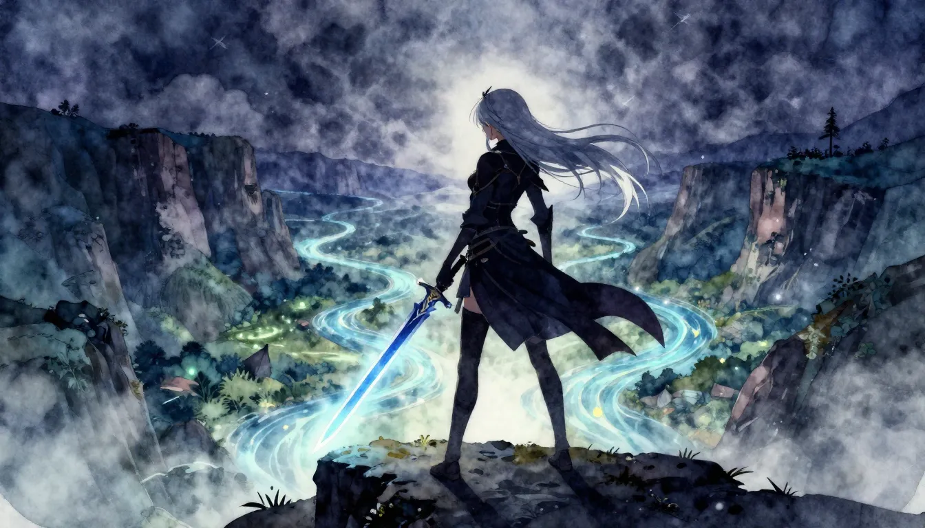 Watercolor style. Silhouette of a warrior girl with long sil...