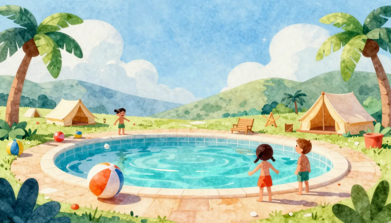 Watercolor style. Vibrant summer camp scene with a turquoise...