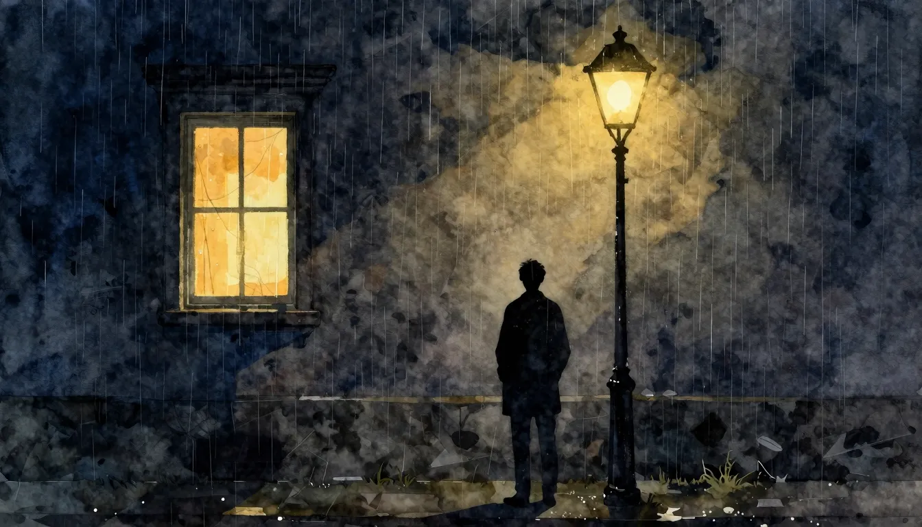 Watercolor style. A lonely silhouette of a man standing unde...