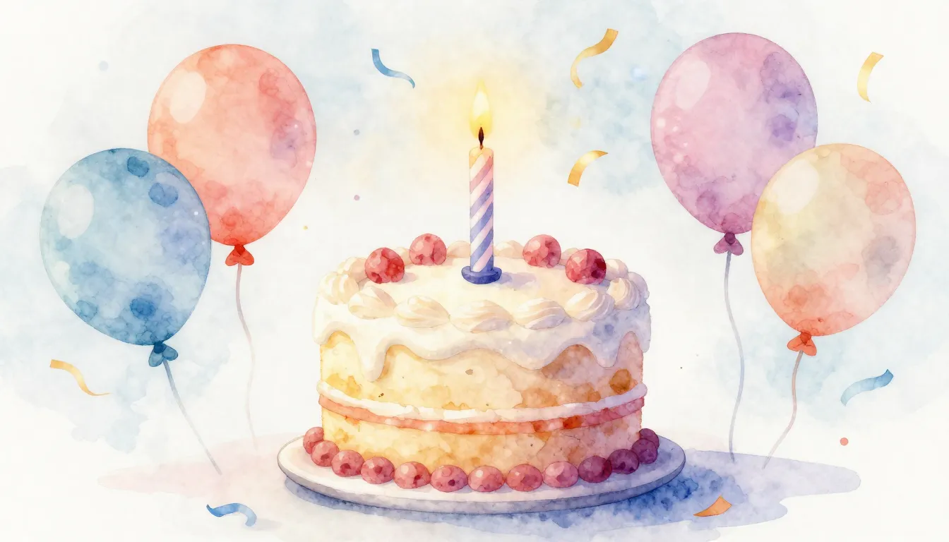 Watercolor style. Festive birthday cake with one candle, col...