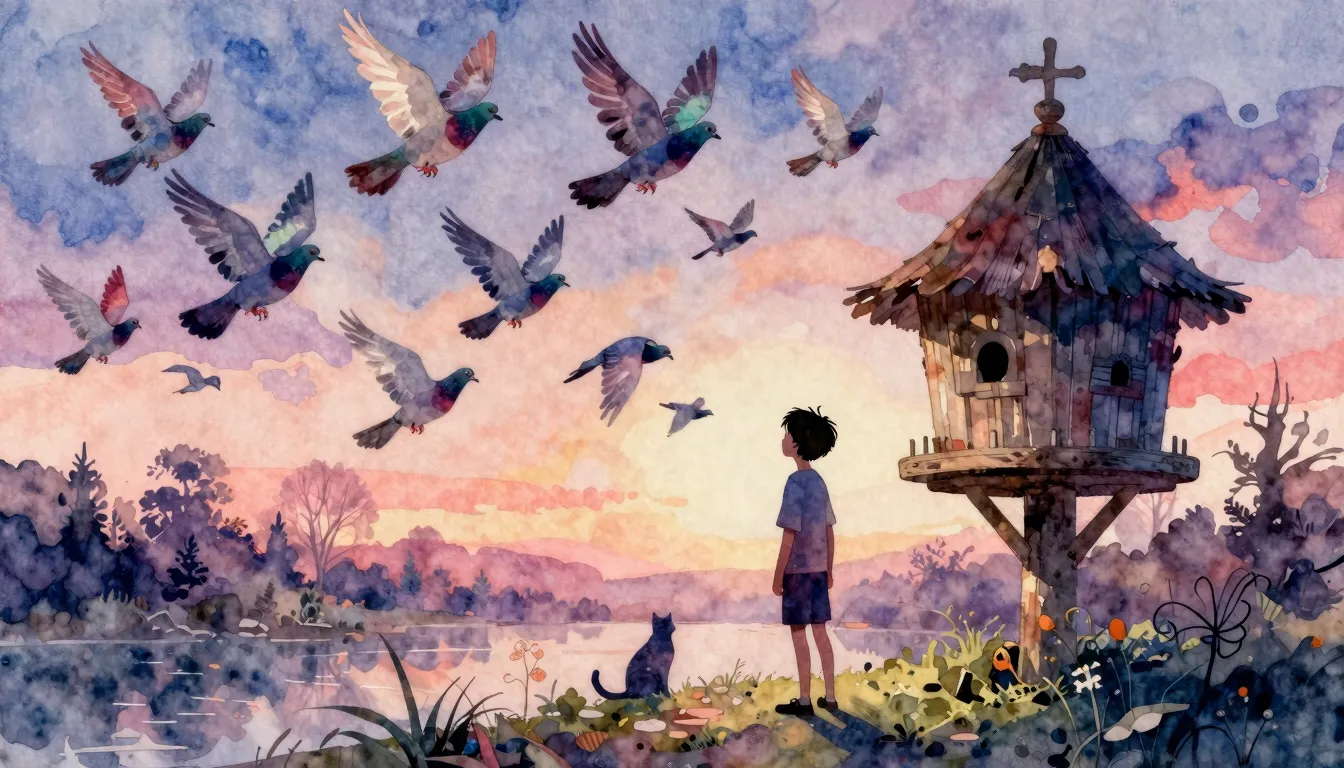 Vibrant watercolor style. A whimsical, slightly melancholic ...