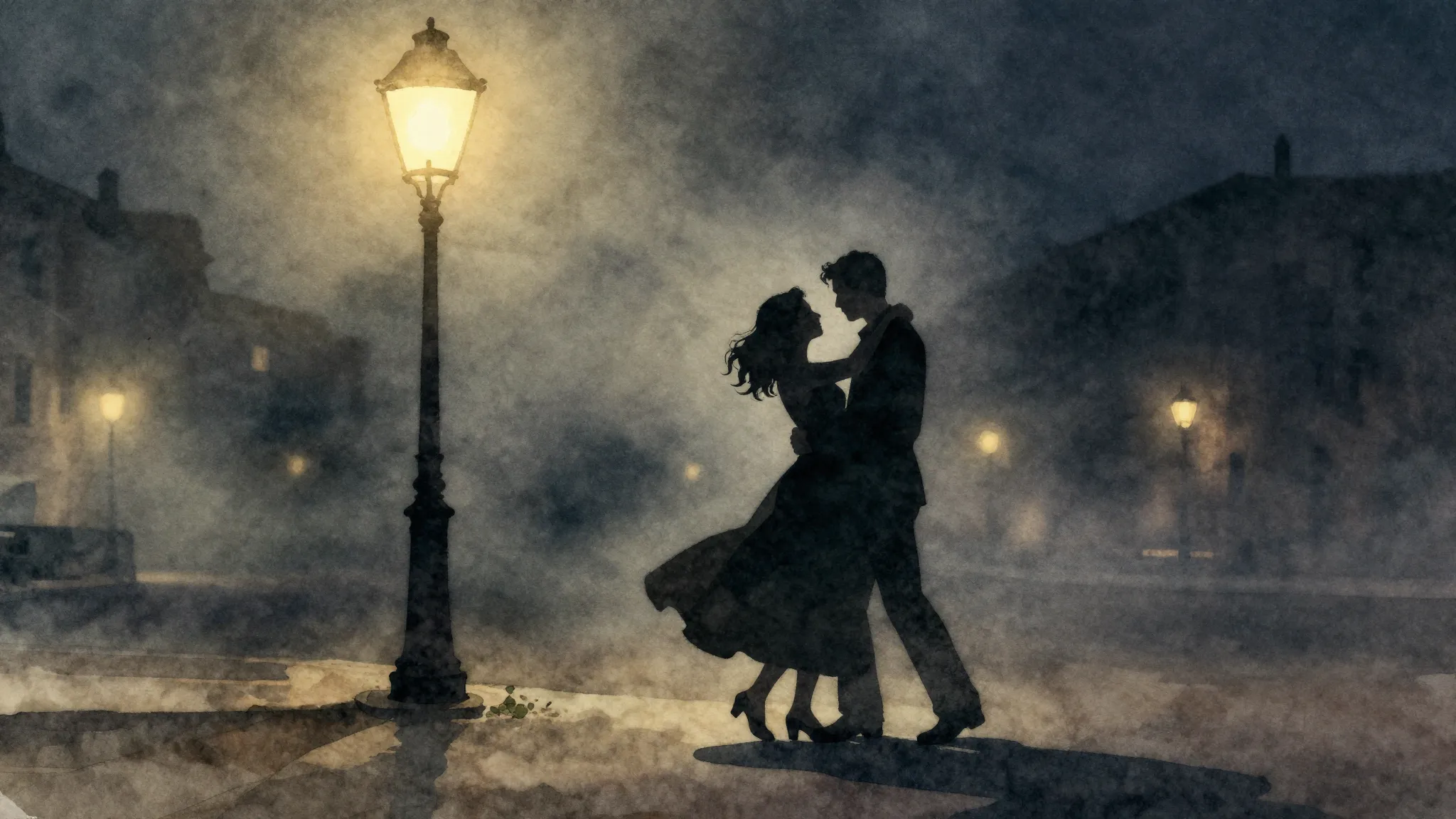Watercolor style. A silhouette of a couple dancing under a s...