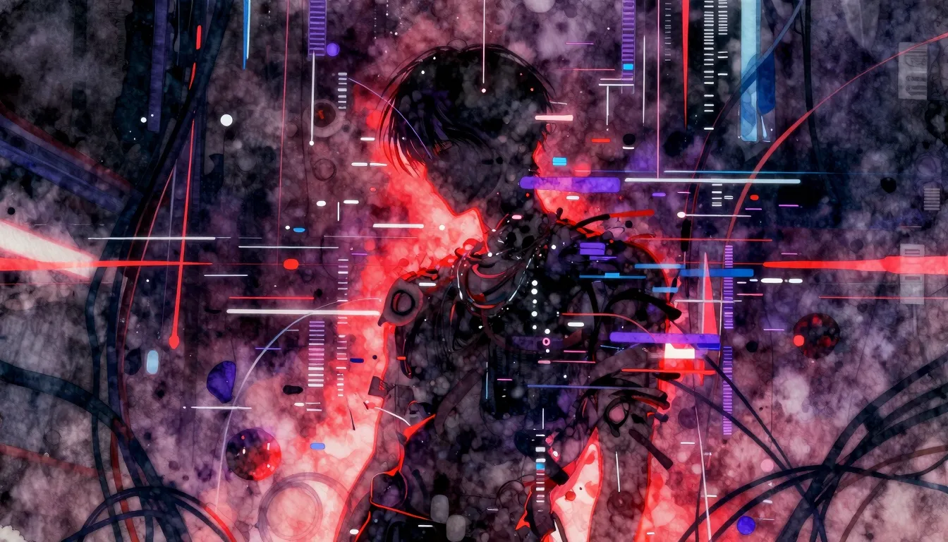 Vibrant watercolor style. K-Pop album cover, dark, glitchy, ...