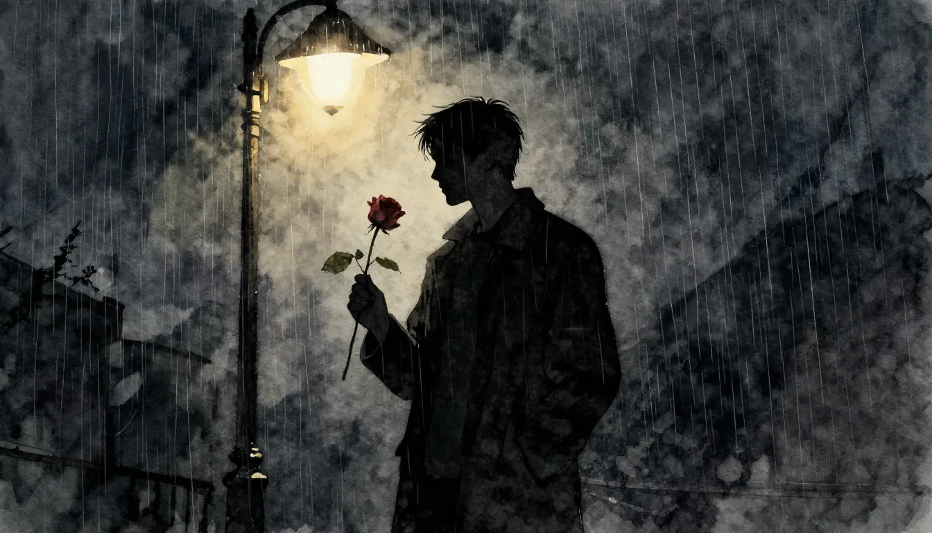 Watercolor style. A silhouette of a man standing under a str...