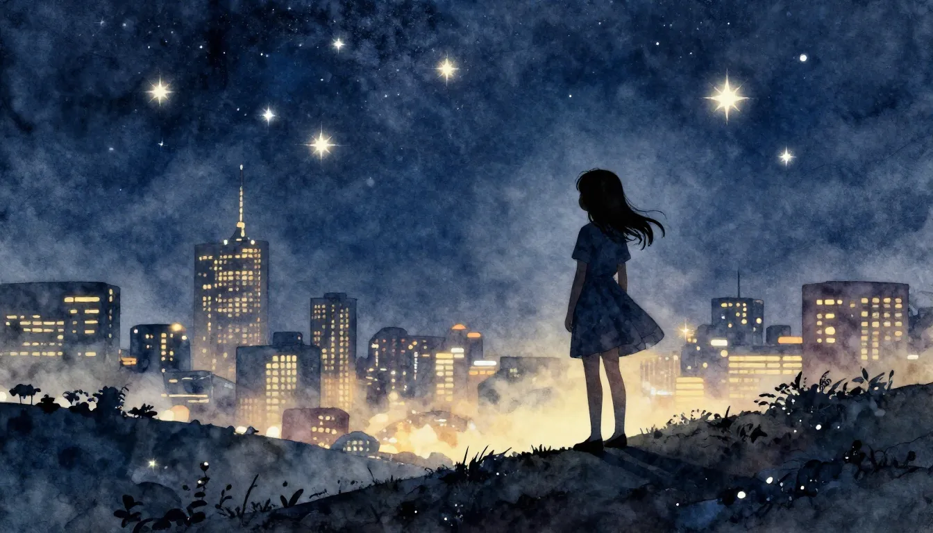 Watercolor style. A silhouette of a young girl standing on a...