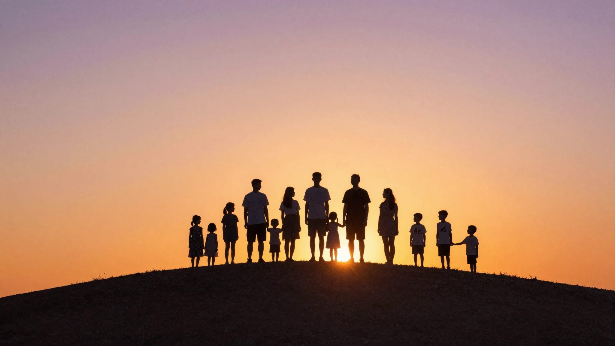 Watercolor style. A silhouette of a large family standing on...