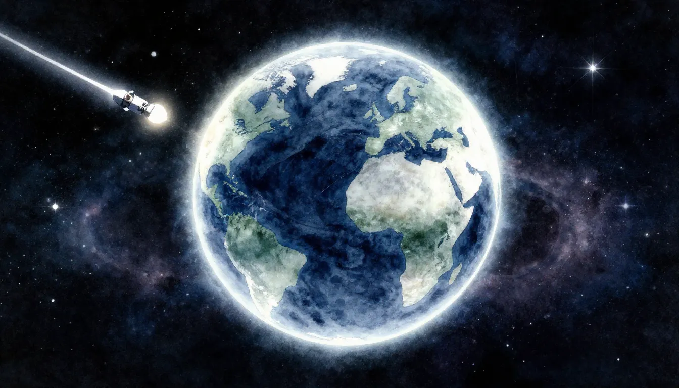 Watercolor style. A glowing silhouette of planet Earth in th...