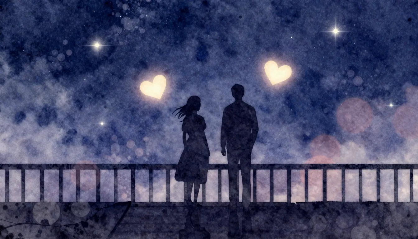 Watercolor style. Two silhouettes standing on a bridge under...